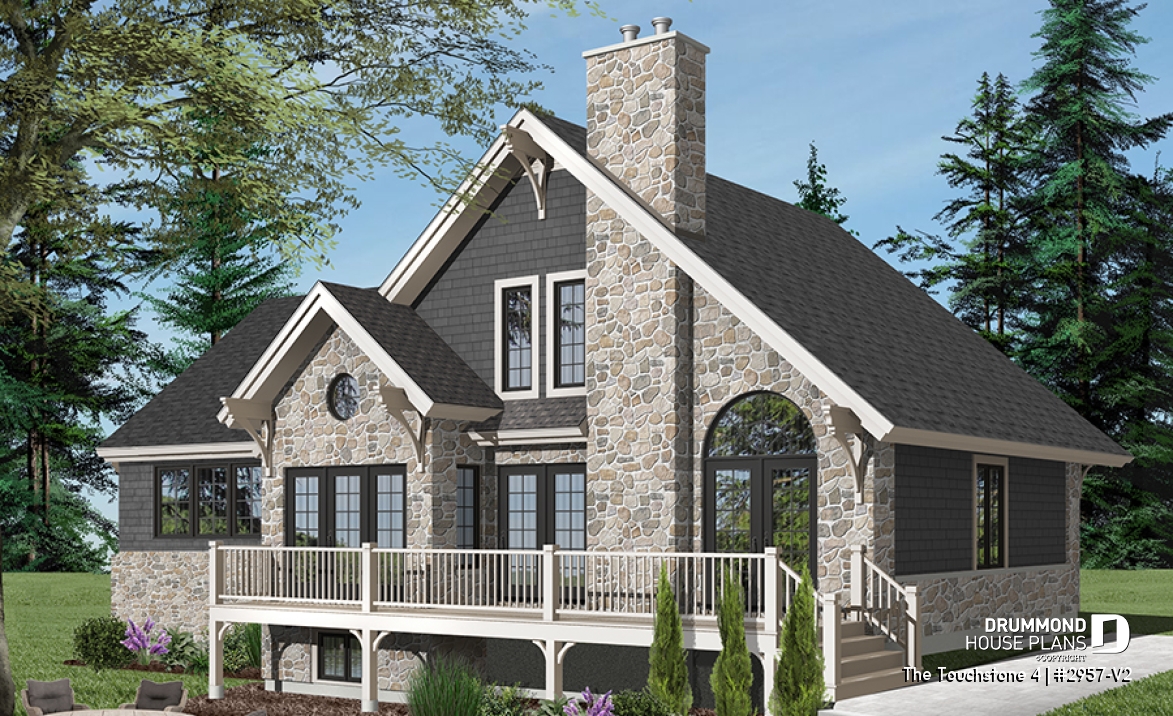 Color version 3 - Rear - Rustic chalet-style home with garage, rear-facing open layout, cathedral ceiling, mezzanine, bonus space - The Touchstone 4