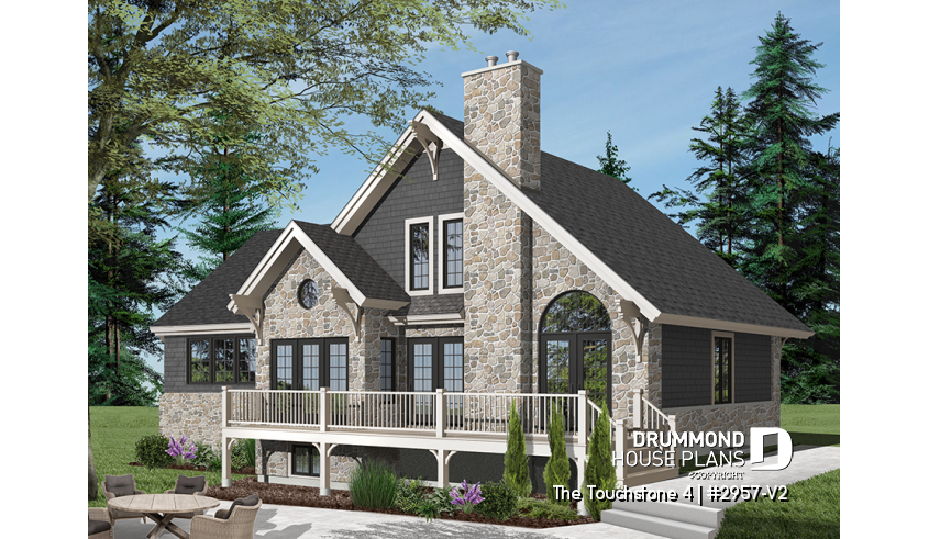 Color version 3 - Rear - Rustic chalet-style home with garage, rear-facing open layout, cathedral ceiling, mezzanine, bonus space - The Touchstone 4