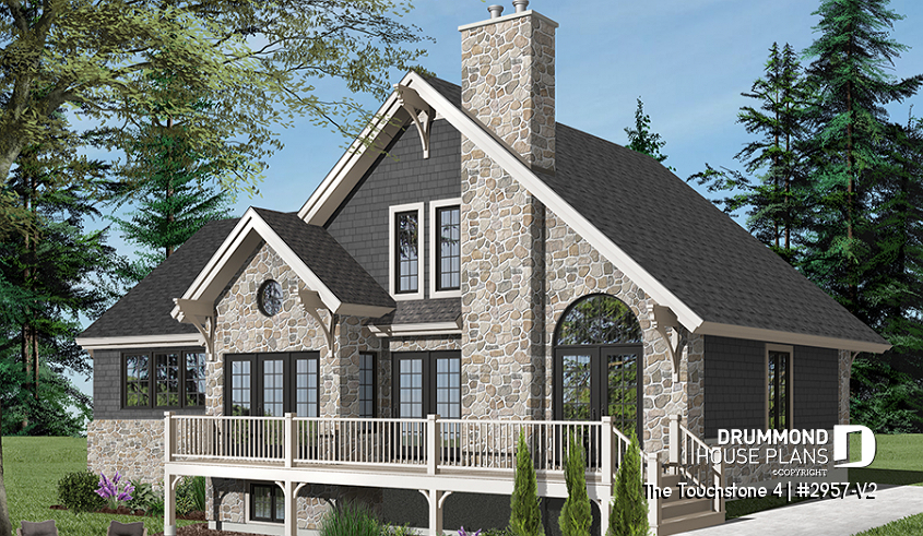 Color version 3 - Rear - Rustic chalet-style home with garage, rear-facing open layout, cathedral ceiling, mezzanine, bonus space - The Touchstone 4