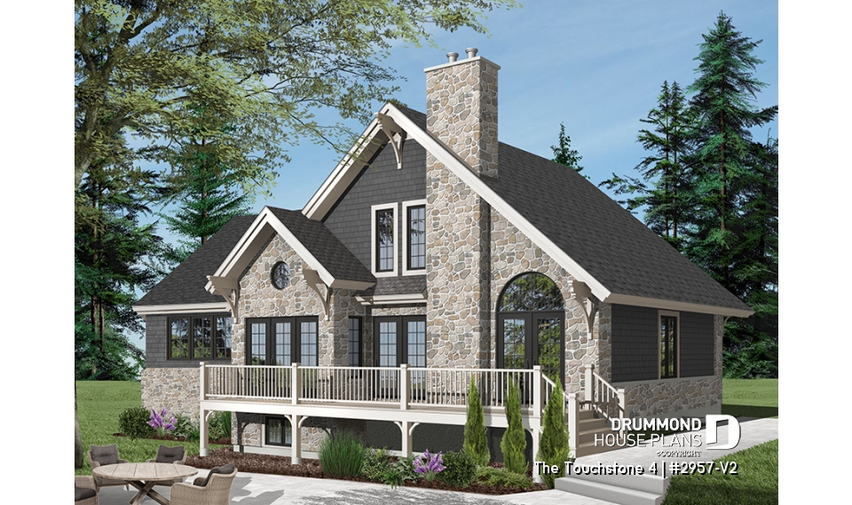 Color version 3 - Rear - Rustic chalet-style home with garage, rear-facing open layout, cathedral ceiling, mezzanine, bonus space - The Touchstone 4