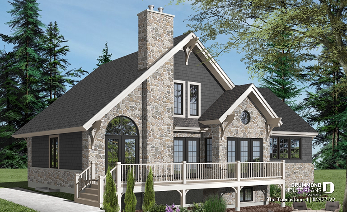 Color version 3 - Rear - Rustic chalet-style home with garage, rear-facing open layout, cathedral ceiling, mezzanine, bonus space - The Touchstone 4