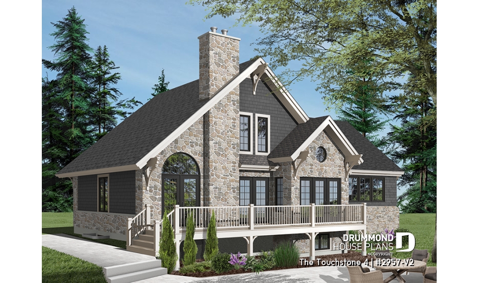 Color version 3 - Rear - Rustic chalet-style home with garage, rear-facing open layout, cathedral ceiling, mezzanine, bonus space - The Touchstone 4