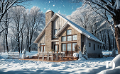 front - BASE MODEL - Nordic Chalet-Style Home Plan – 3 Bedrooms, Mezzanine and Fireplace Centerpiece - The Touchstone 3