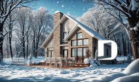front - BASE MODEL - Nordic Chalet-Style Home Plan – 3 Bedrooms, Mezzanine and Fireplace Centerpiece - The Touchstone 3
