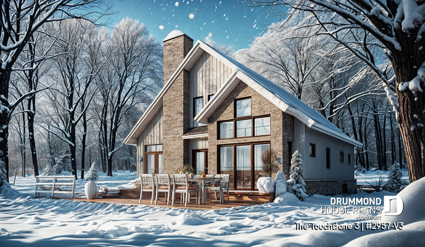 front - BASE MODEL - Nordic Chalet-Style Home Plan – 3 Bedrooms, Mezzanine and Fireplace Centerpiece - The Touchstone 3