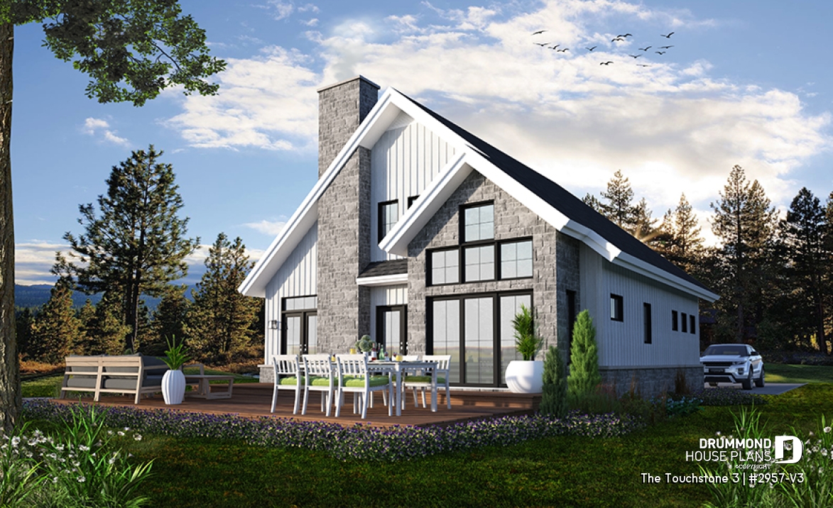 Rear view - BASE MODEL - Nordic Chalet-Style Home Plan – 3 Bedrooms, Mezzanine and Fireplace Centerpiece - The Touchstone 3