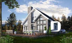 Rear view - BASE MODEL - Nordic Chalet-Style Home Plan – 3 Bedrooms, Mezzanine and Fireplace Centerpiece - The Touchstone 3