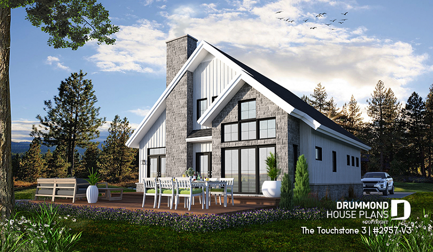 Rear view - BASE MODEL - Nordic Chalet-Style Home Plan – 3 Bedrooms, Mezzanine and Fireplace Centerpiece - The Touchstone 3