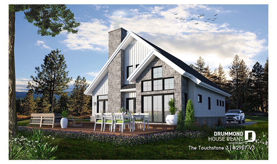 Rear view - BASE MODEL - Nordic Chalet-Style Home Plan – 3 Bedrooms, Mezzanine and Fireplace Centerpiece - The Touchstone 3
