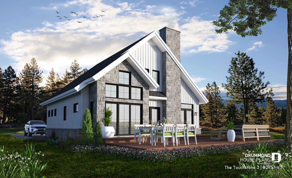 Rear view - BASE MODEL - Nordic Chalet-Style Home Plan – 3 Bedrooms, Mezzanine and Fireplace Centerpiece - The Touchstone 3