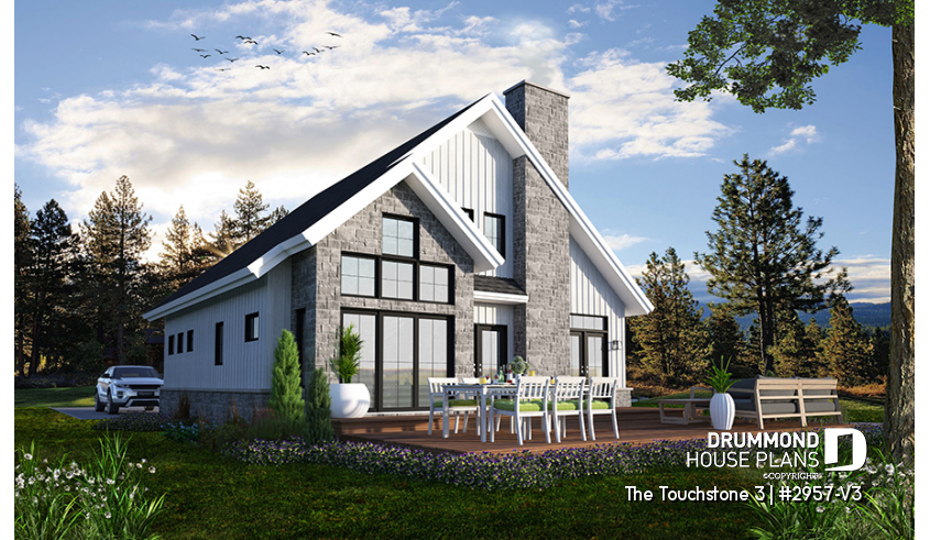 Rear view - BASE MODEL - Nordic Chalet-Style Home Plan – 3 Bedrooms, Mezzanine and Fireplace Centerpiece - The Touchstone 3