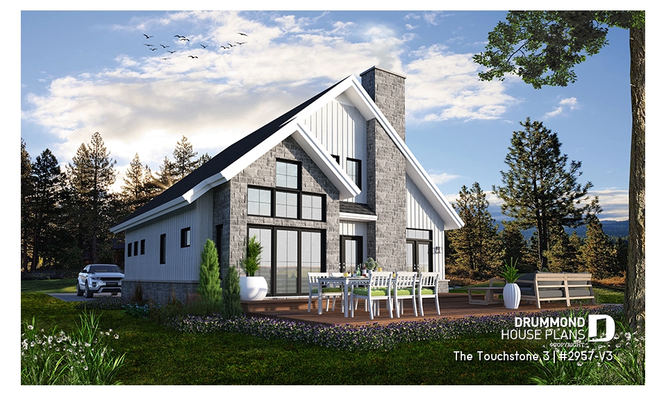 Rear view - BASE MODEL - Nordic Chalet-Style Home Plan – 3 Bedrooms, Mezzanine and Fireplace Centerpiece - The Touchstone 3