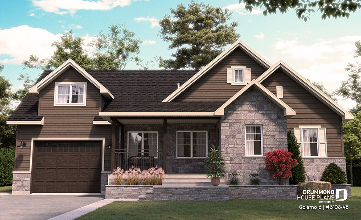 front - BASE MODEL - Two-storey house plan with 3 bedrooms and home office, open floor plan, garage - Galerno 6