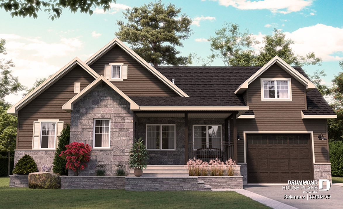 front - BASE MODEL - Two-storey house plan with 3 bedrooms and home office, open floor plan, garage - Galerno 6