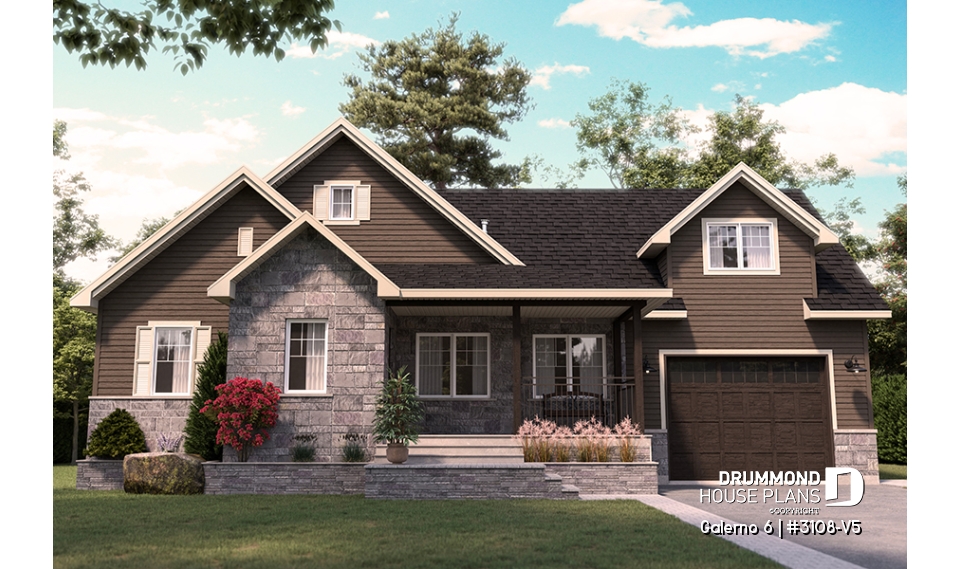 front - BASE MODEL - Two-storey house plan with 3 bedrooms and home office, open floor plan, garage - Galerno 6