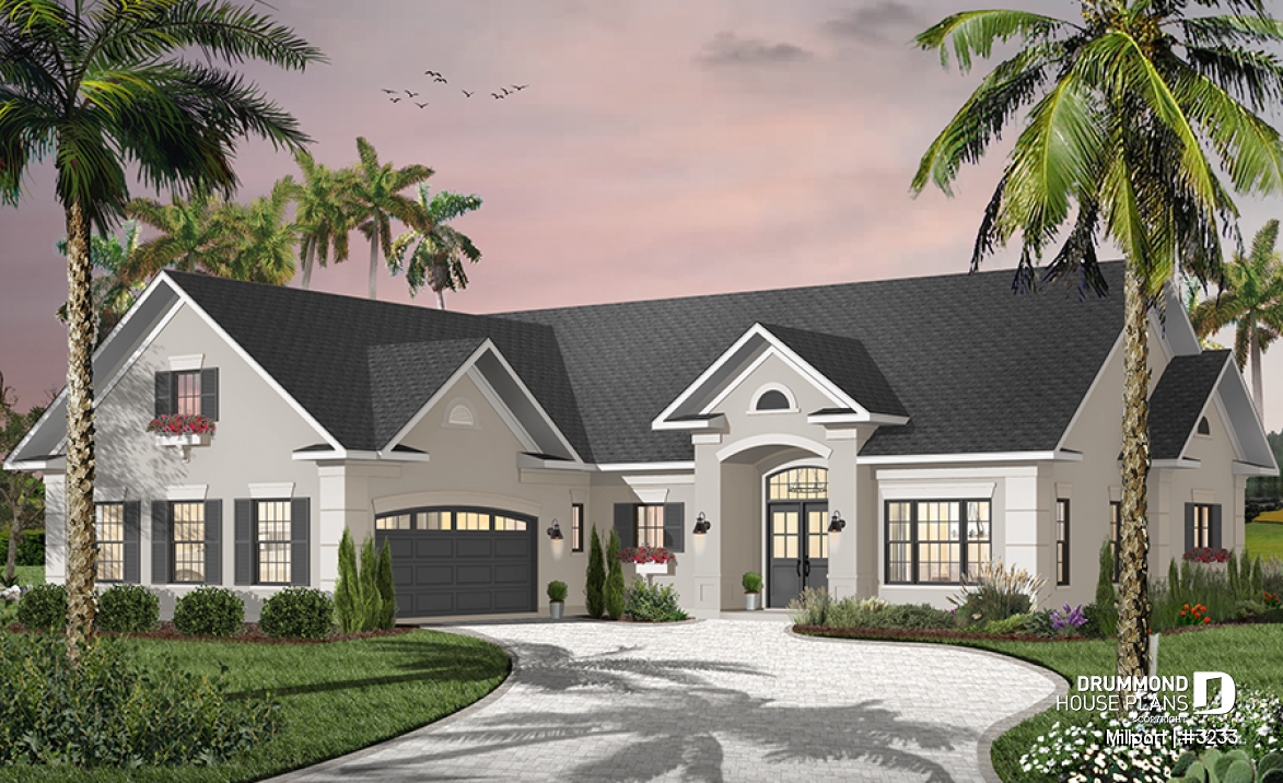 front - BASE MODEL - 3 bedroom ranch style house plan, 2-car garage, formal dining room, large laundry room, fireplace, deck - Millport