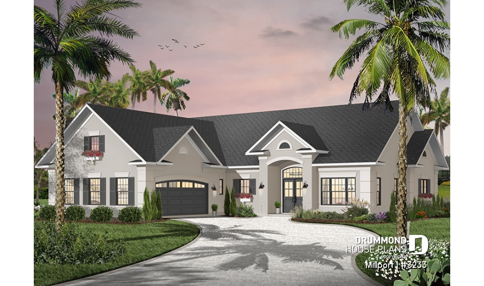 front - BASE MODEL - 3 bedroom ranch style house plan, 2-car garage, formal dining room, large laundry room, fireplace, deck - Millport