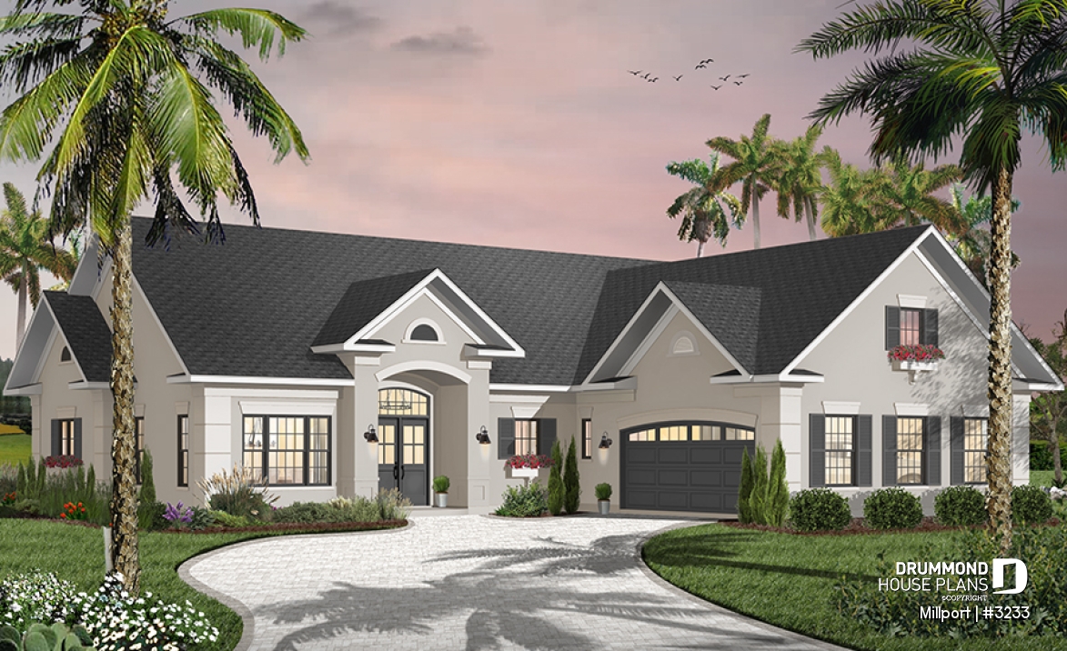 front - BASE MODEL - 3 bedroom ranch style house plan, 2-car garage, formal dining room, large laundry room, fireplace, deck - Millport