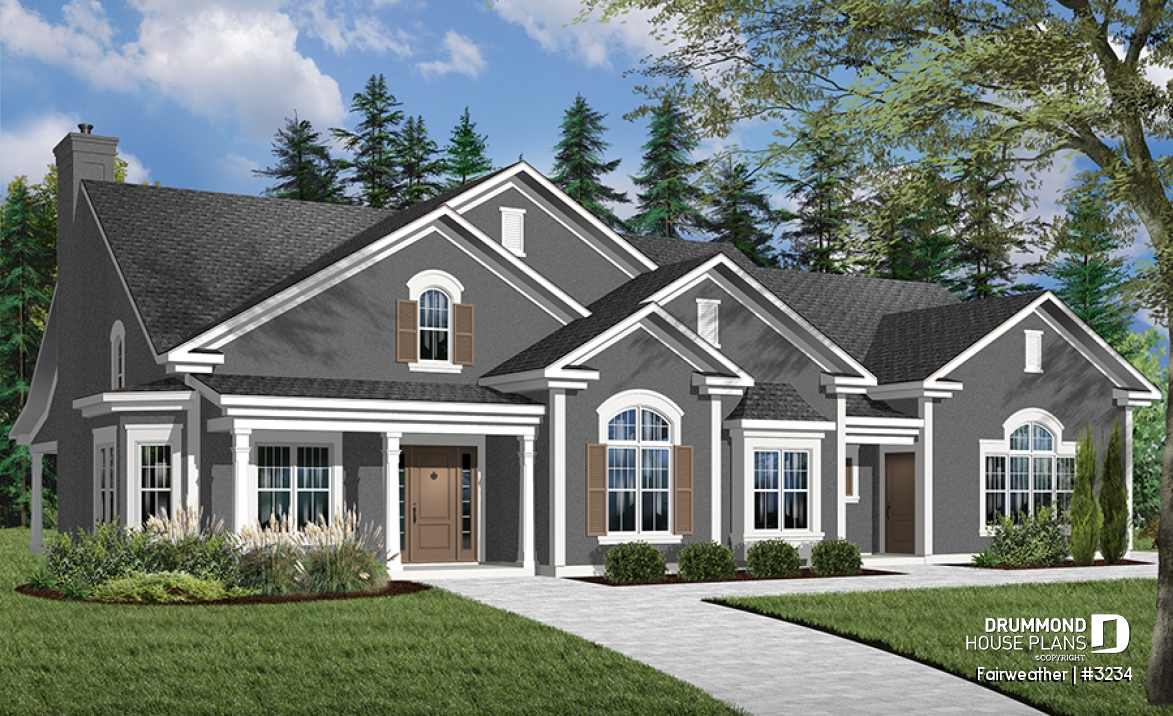 Color version 1 - Front - 3 to 4 bedroom ranch home plan, split bedrooms, large master suite, 2-car side-entry garage, large family room - Fairweather