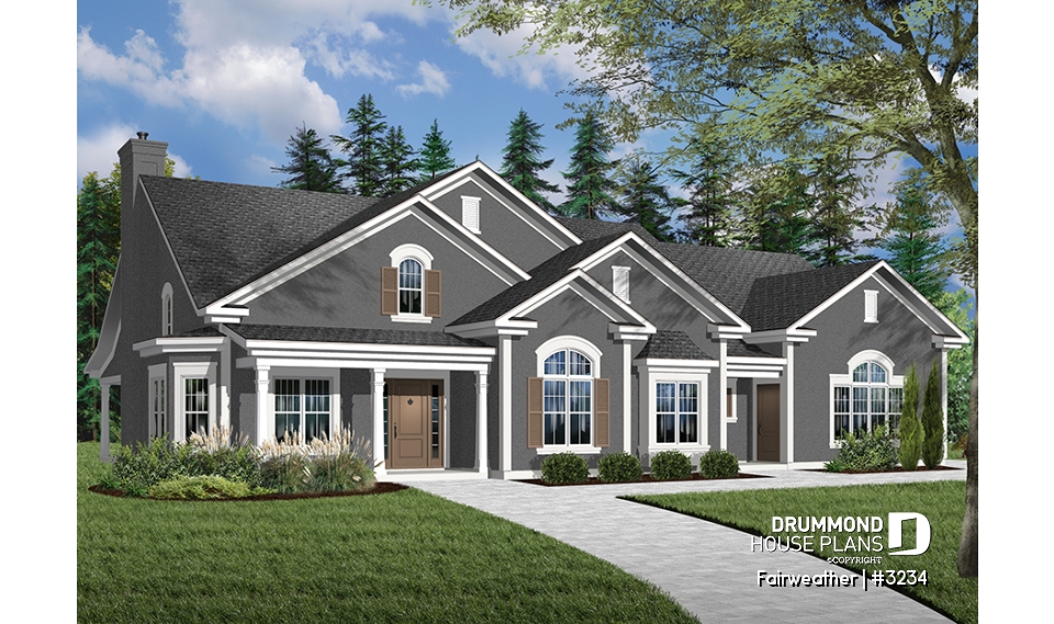 Color version 1 - Front - 3 to 4 bedroom ranch home plan, split bedrooms, large master suite, 2-car side-entry garage, large family room - Fairweather