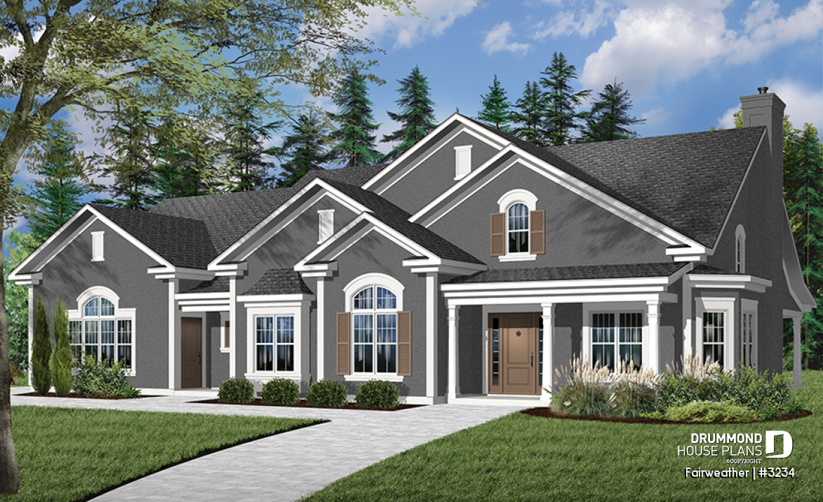 Color version 1 - Front - 3 to 4 bedroom ranch home plan, split bedrooms, large master suite, 2-car side-entry garage, large family room - Fairweather