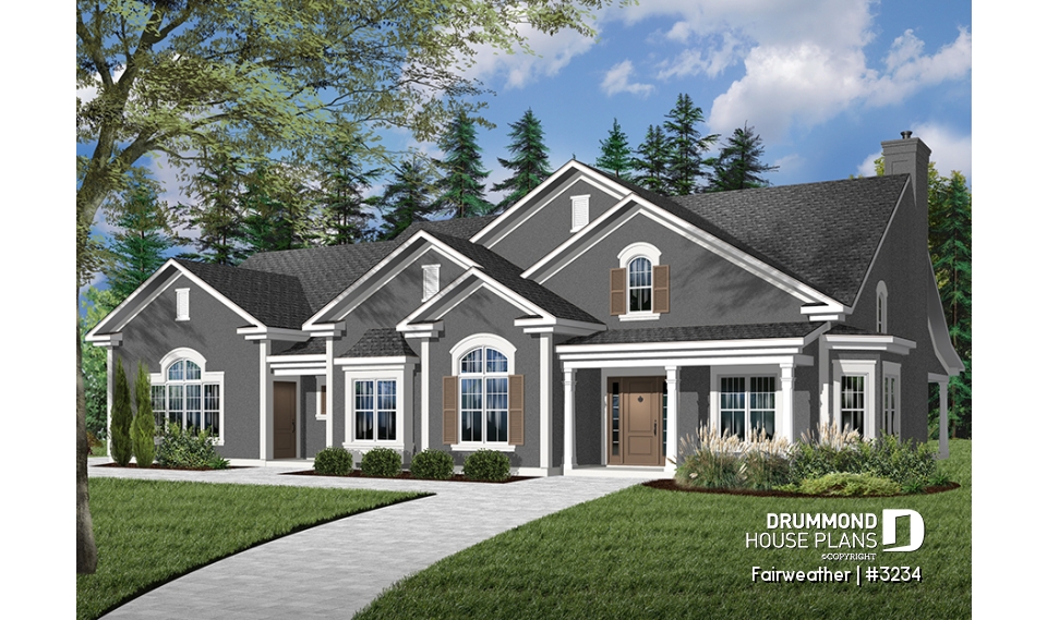 Color version 1 - Front - 3 to 4 bedroom ranch home plan, split bedrooms, large master suite, 2-car side-entry garage, large family room - Fairweather