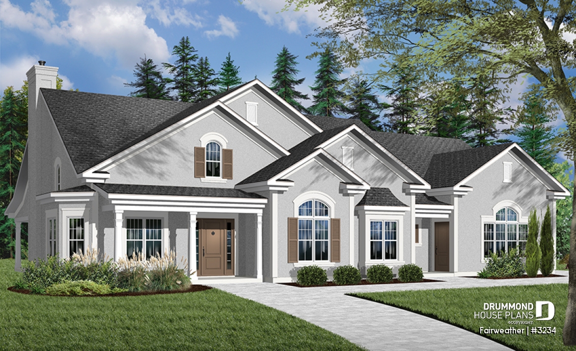 Color version 2 - Front - 3 to 4 bedroom ranch home plan, split bedrooms, large master suite, 2-car side-entry garage, large family room - Fairweather