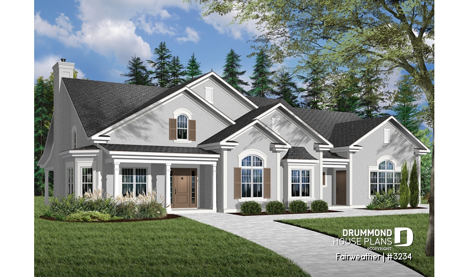Color version 2 - Front - 3 to 4 bedroom ranch home plan, split bedrooms, large master suite, 2-car side-entry garage, large family room - Fairweather