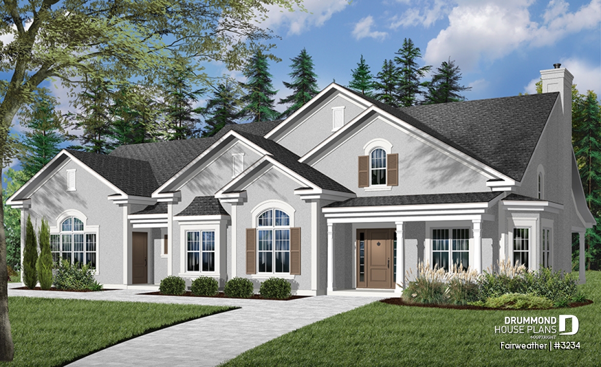 Color version 2 - Front - 3 to 4 bedroom ranch home plan, split bedrooms, large master suite, 2-car side-entry garage, large family room - Fairweather