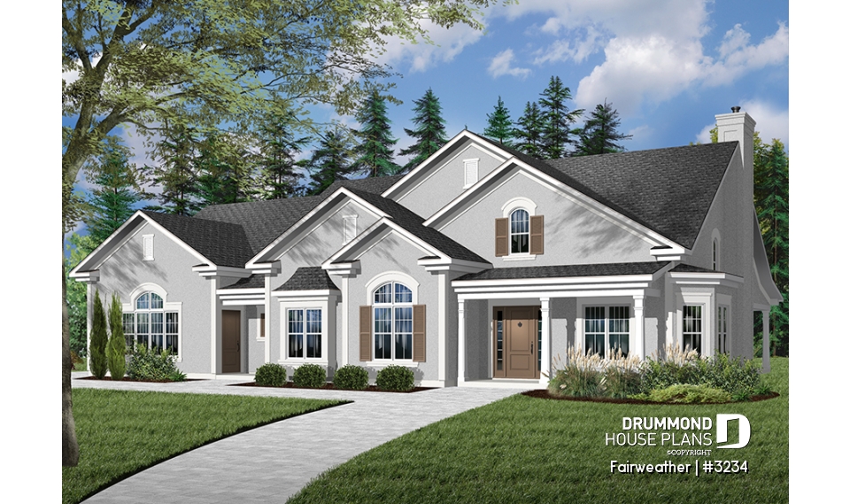 Color version 2 - Front - 3 to 4 bedroom ranch home plan, split bedrooms, large master suite, 2-car side-entry garage, large family room - Fairweather