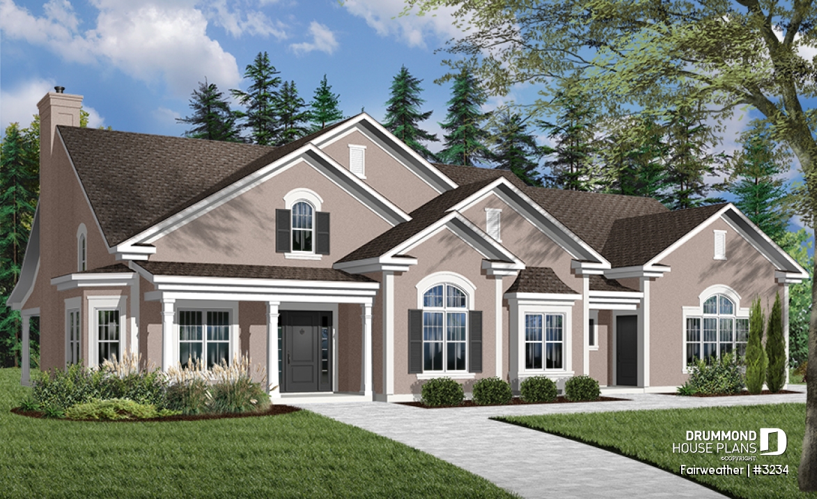 front - BASE MODEL - 3 to 4 bedroom ranch home plan, split bedrooms, large master suite, 2-car side-entry garage, large family room - Fairweather