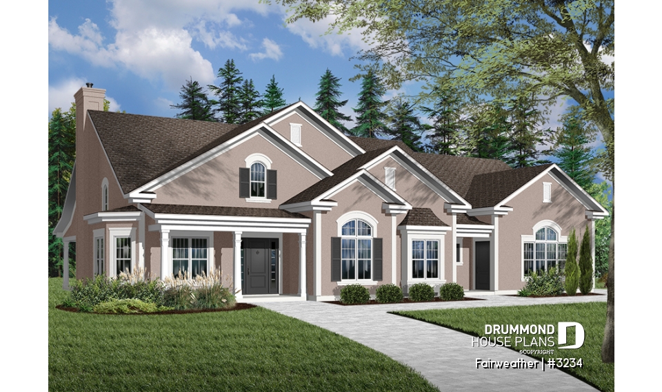 front - BASE MODEL - 3 to 4 bedroom ranch home plan, split bedrooms, large master suite, 2-car side-entry garage, large family room - Fairweather