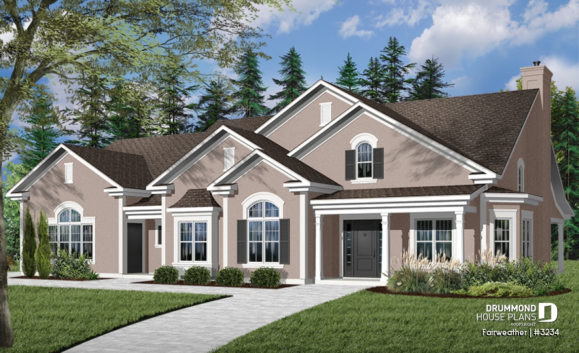 front - BASE MODEL - 3 to 4 bedroom ranch home plan, split bedrooms, large master suite, 2-car side-entry garage, large family room - Fairweather