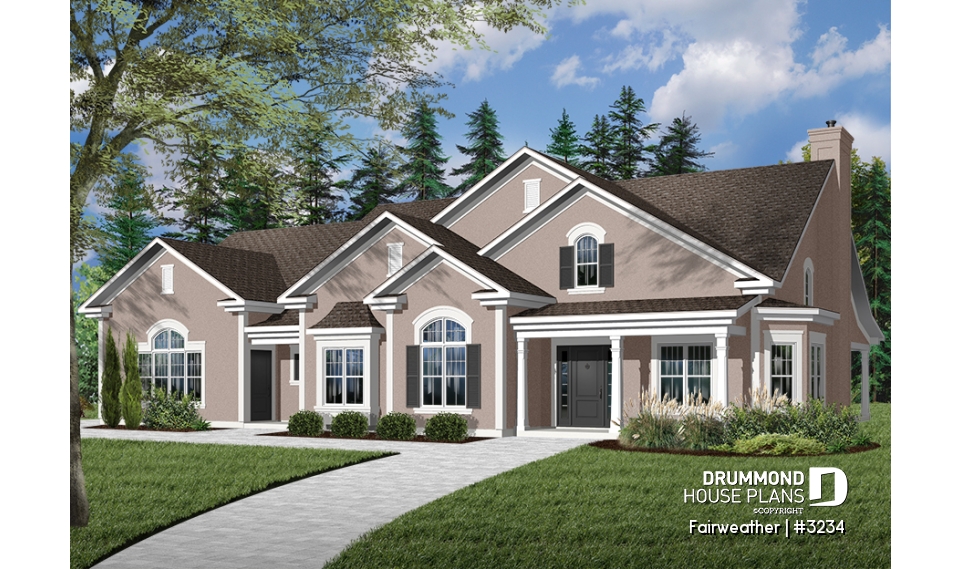 front - BASE MODEL - 3 to 4 bedroom ranch home plan, split bedrooms, large master suite, 2-car side-entry garage, large family room - Fairweather