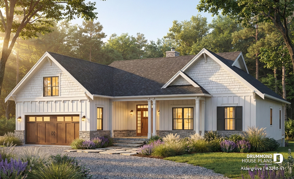 front - BASE MODEL - Country ranch house plan with 2-car garage, main floor master suite, perfect lakefront home plan - Aldergrove