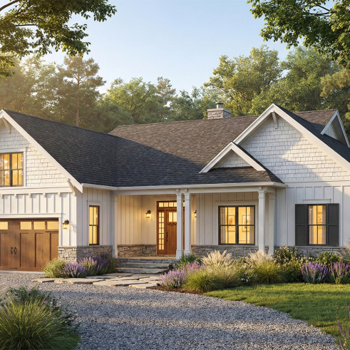 front - BASE MODEL - Country ranch house plan with 2-car garage, main floor master suite, perfect lakefront home plan - Aldergrove