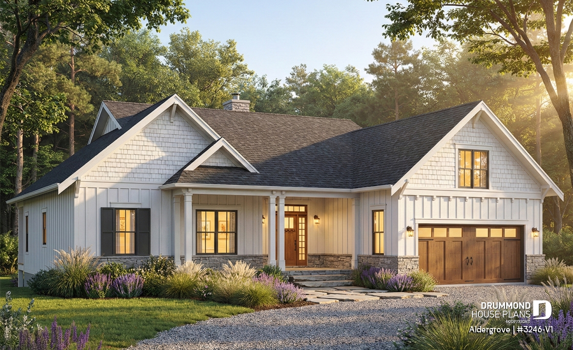 front - BASE MODEL - Country ranch house plan with 2-car garage, main floor master suite, perfect lakefront home plan - Aldergrove
