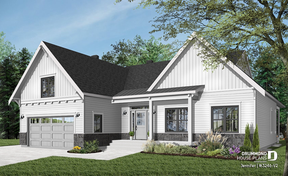 front - BASE MODEL - One-storey ranch house plan with 2-car garage, large kitchen with island and open to living room and backyard - Jennifer