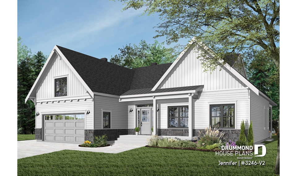 front - BASE MODEL - One-storey ranch house plan with 2-car garage, large kitchen with island and open to living room and backyard - Jennifer