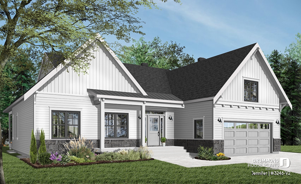 front - BASE MODEL - One-storey ranch house plan with 2-car garage, large kitchen with island and open to living room and backyard - Jennifer