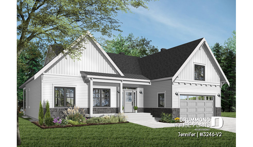 front - BASE MODEL - One-storey ranch house plan with 2-car garage, large kitchen with island and open to living room and backyard - Jennifer
