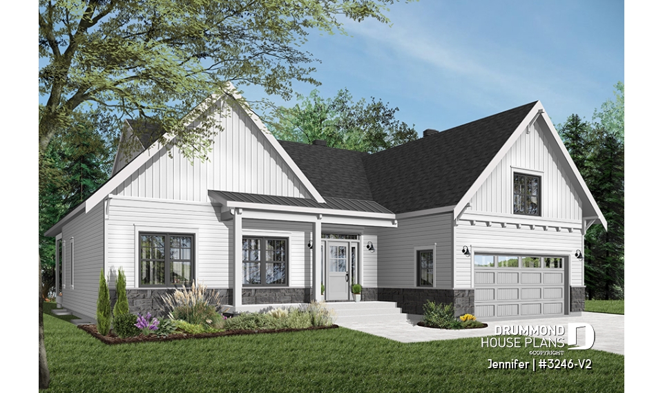 front - BASE MODEL - One-storey ranch house plan with 2-car garage, large kitchen with island and open to living room and backyard - Jennifer