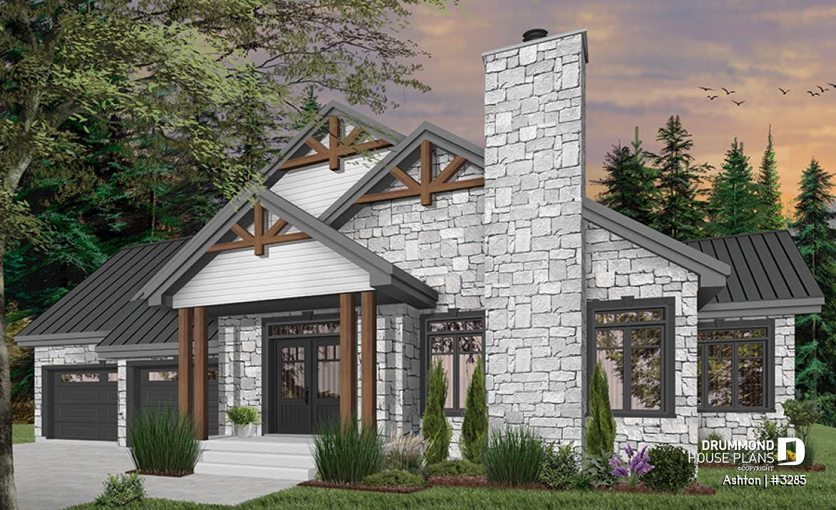 front - BASE MODEL - Contemporary ranch house plan, large master suite, open concept, fireplace, guest suite, 2-car garage, deck - Ashton