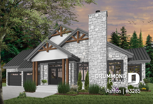 front - BASE MODEL - Contemporary ranch house plan, large master suite, open concept, fireplace, guest suite, 2-car garage, deck - Ashton