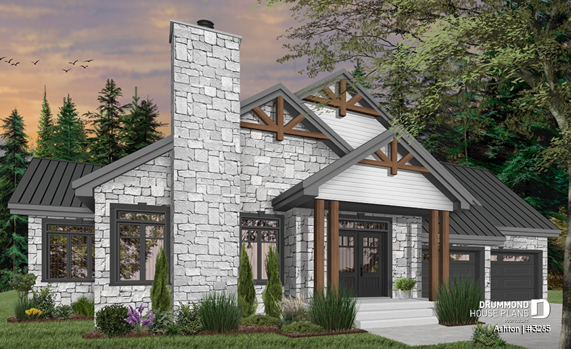 front - BASE MODEL - Contemporary ranch house plan, large master suite, open concept, fireplace, guest suite, 2-car garage, deck - Ashton