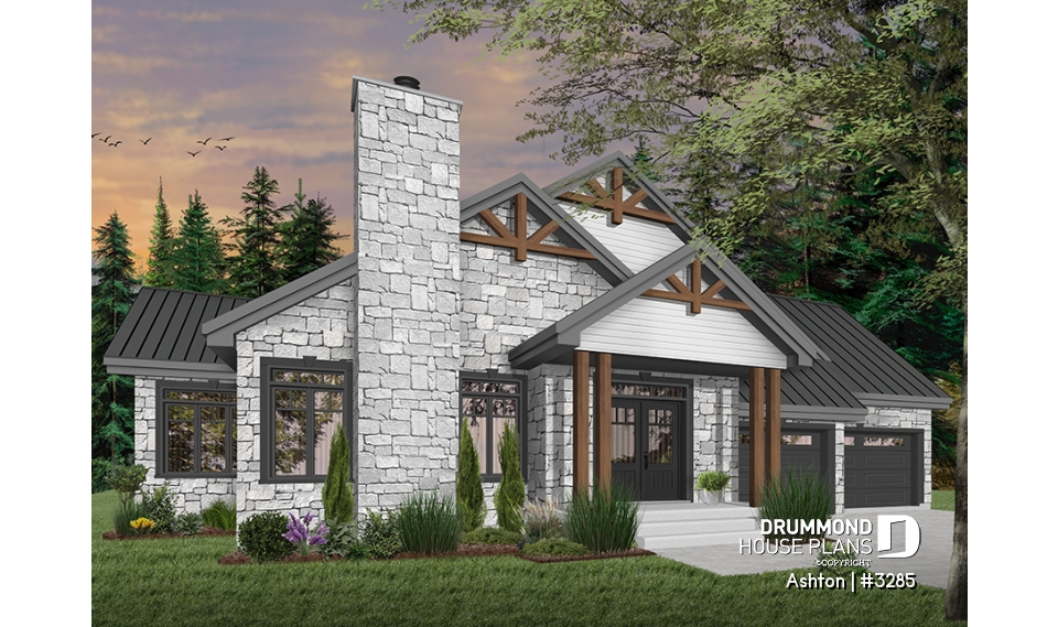 front - BASE MODEL - Contemporary ranch house plan, large master suite, open concept, fireplace, guest suite, 2-car garage, deck - Ashton