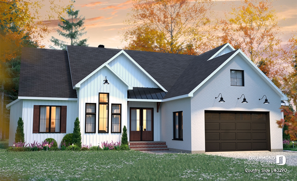 front - BASE MODEL - Spacious 3 bedroom Farmhouse style house plan with formal dining, large family room and lots of light. - Country Side