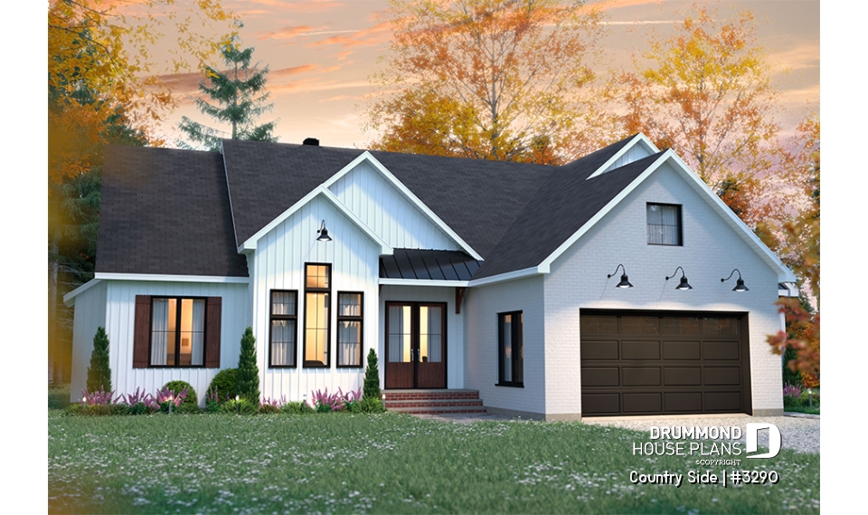 front - BASE MODEL - Spacious 3 bedroom Farmhouse style house plan with formal dining, large family room and lots of light. - Country Side