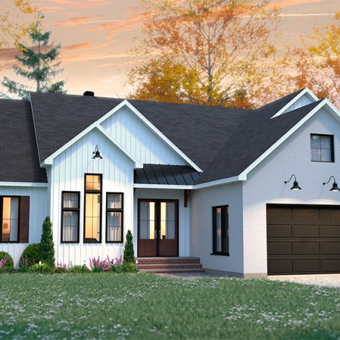 front - BASE MODEL - Spacious 3 bedroom Farmhouse style house plan with formal dining, large family room and lots of light. - Country Side