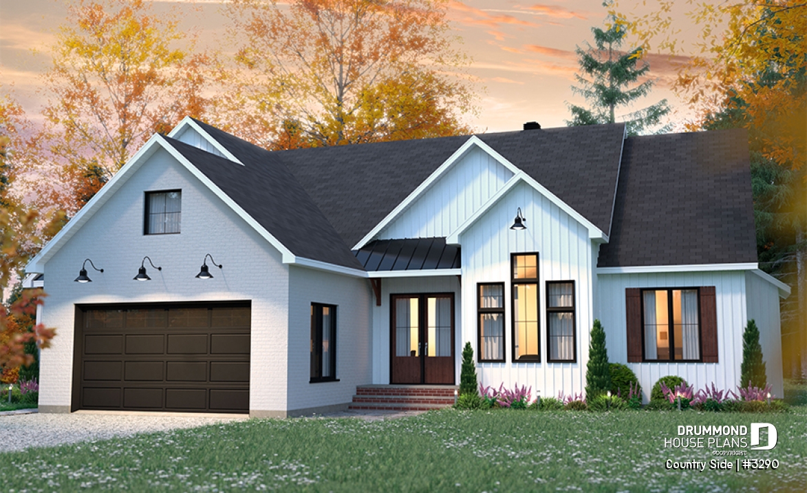 front - BASE MODEL - Spacious 3 bedroom Farmhouse style house plan with formal dining, large family room and lots of light. - Country Side